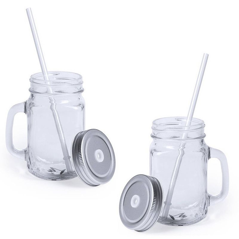 Foto van 10x stuks glazen mason jar drinkbekers zilver dop/rietje 500 ml - drinkbekers