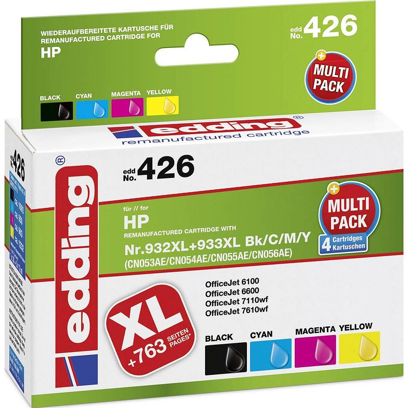 Foto van Edding inkt vervangt hp 932xl, 933xl compatibel combipack zwart, cyaan, magenta, geel edding 426 edd-426