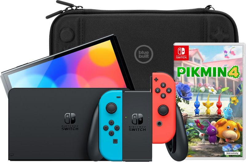 Foto van Nintendo switch oled rood/blauw + pikmin 4 + bluebuilt beschermhoes