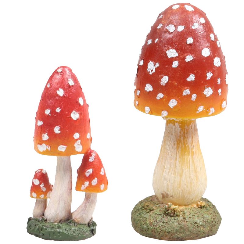 Foto van Decoratie paddenstoelen setje met 4x vliegenzwam paddenstoelen - herfst thema - tuinbeelden