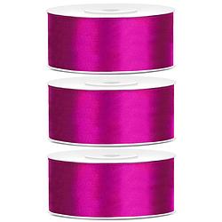 Foto van 3x hobby/decoratie fuchsia roze satijnen sierlinten 2,5 cm/25 mm x 25 meter - cadeaulinten