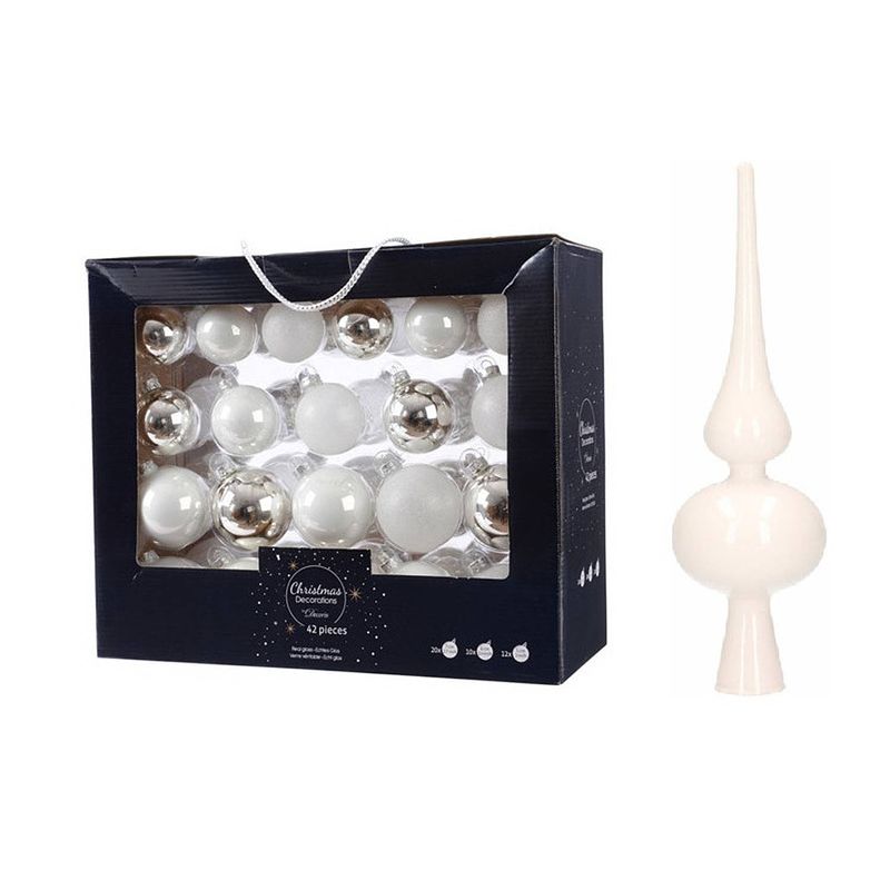 Foto van 42x stuks glazen kerstballen wit/zilver 5-6-7 cm inclusief witte piek - kerstbal