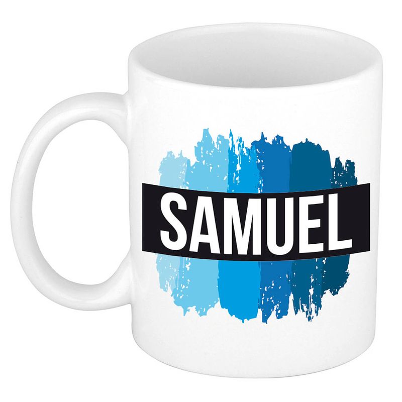 Foto van Naam cadeau mok / beker samuel met blauwe verfstrepen 300 ml - naam mokken