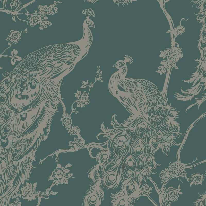 Foto van Dutch wallcoverings behang peacock groen en zilverkleurig