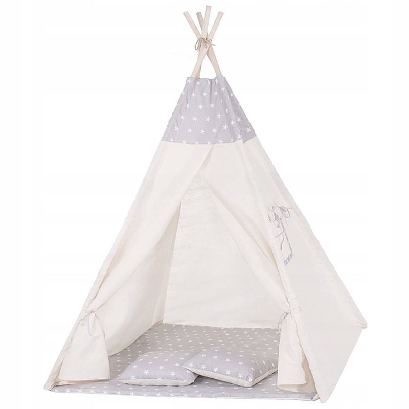 Foto van Springos tipi tent wigwam speeltent 120x100x180 cm inclusief mat inclusief kussens naturel grijs sterren