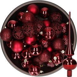 Foto van 37x stuks kunststof kerstballen 6 cm incl. glazen piek glans donkerrood - kerstbal