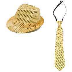 Foto van Party carnaval verkleed hoedje en stropdas goud glitters - verkleedhoofddeksels