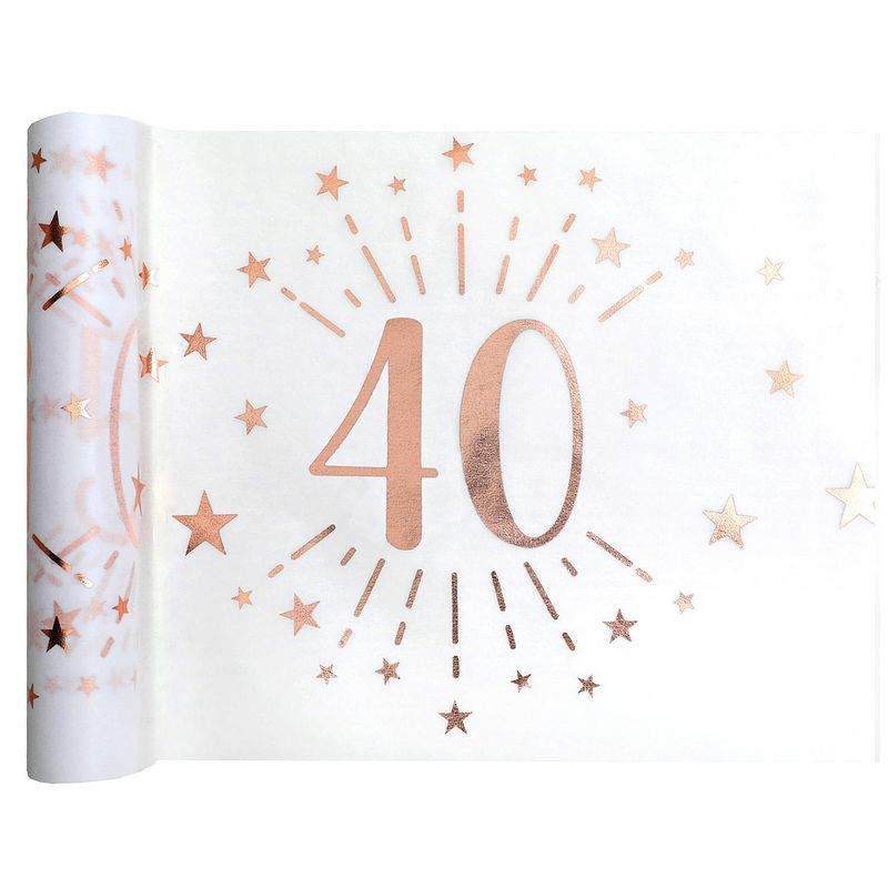 Foto van Tafelloper op rol - 40 jaar verjaardag - wit/rose goud - 30 x 500 cm - polyester - feesttafelkleden