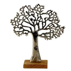 Foto van Decoratie levensboom - tree of life - aluminium/hout - 23 x 26 cm - zilver kleurig - beeldjes