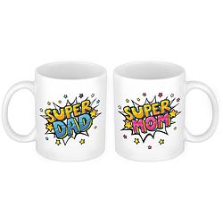 Foto van Super dad mok en mom pop art mok - cadeau beker set voor papa en mama - feest mokken