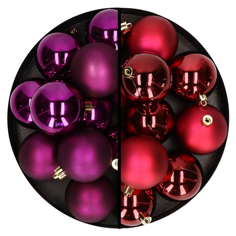 Foto van Kerstballen 24x stuks - mix donkerrood en paars - 6 cm - kunststof - kerstbal