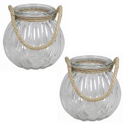 Foto van 2x stuks glazen ronde windlichten 2 liter met touw hengsel/handvat 14,5 x 14,5 cm - vazen