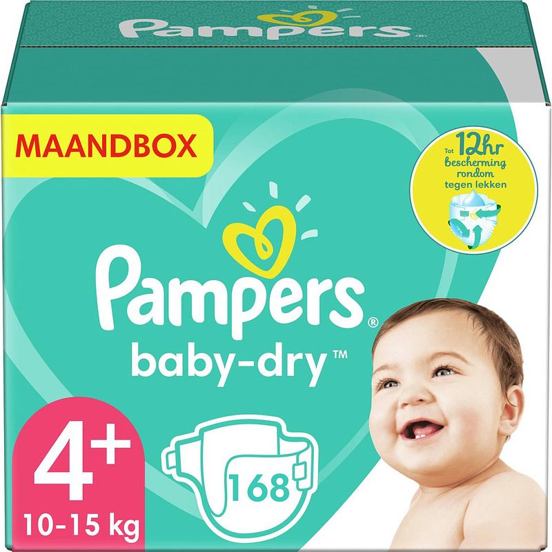 Foto van Pampers - baby dry - maat 4+ - maandbox - 168 luiers - voordeel