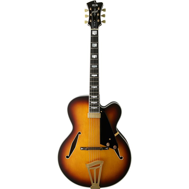 Foto van Fgn guitars masterfield jazz mfa-fp, jazz burst met koffer