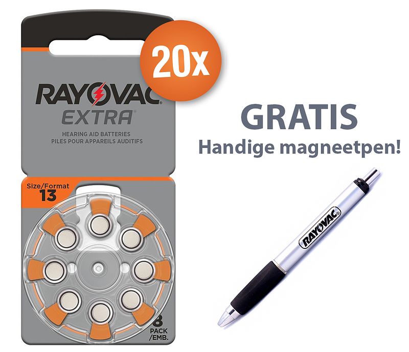 Foto van Voordeelpak rayovac gehoorapparaat batterijen - type 13 (oranje) - 20 x 8 stuks + gratis magnetische batterijpen