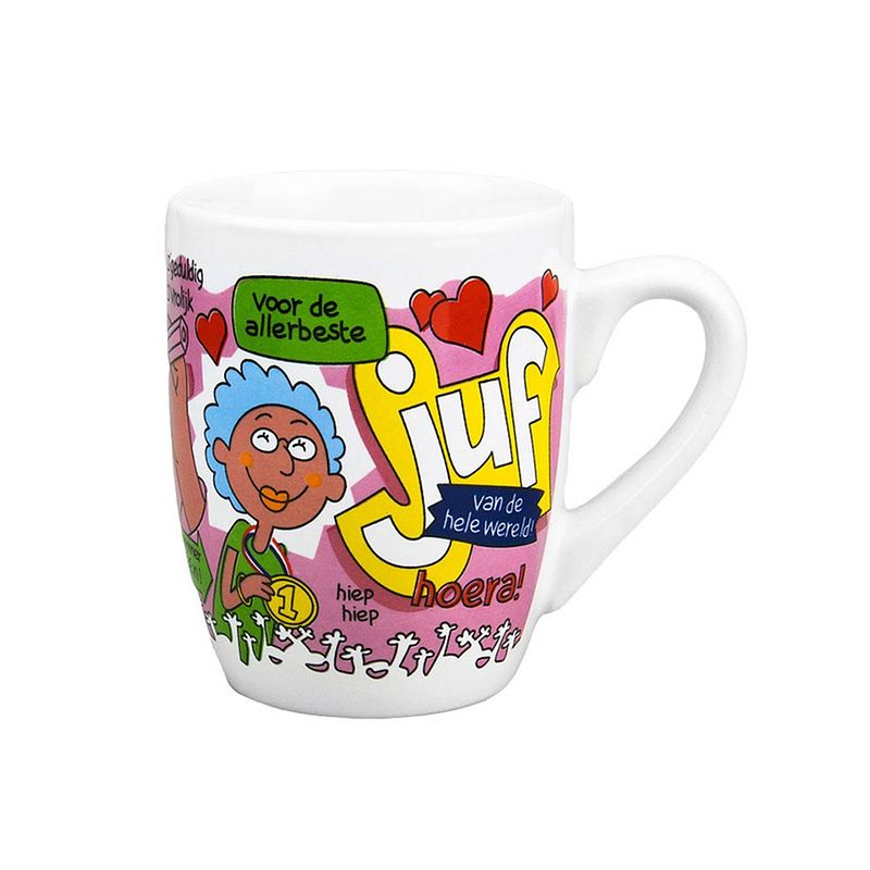 Foto van Cartoon cadeau mok/beker voor de allerbeste juf 300 ml - feest mokken