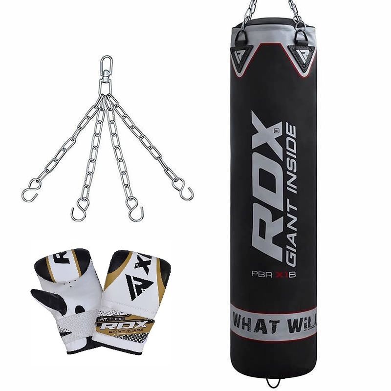 Foto van Rdx sports training bokszak pb-x1b - inclusief ketting en zakhandschoenen - 4 ft - 120 cm - leer