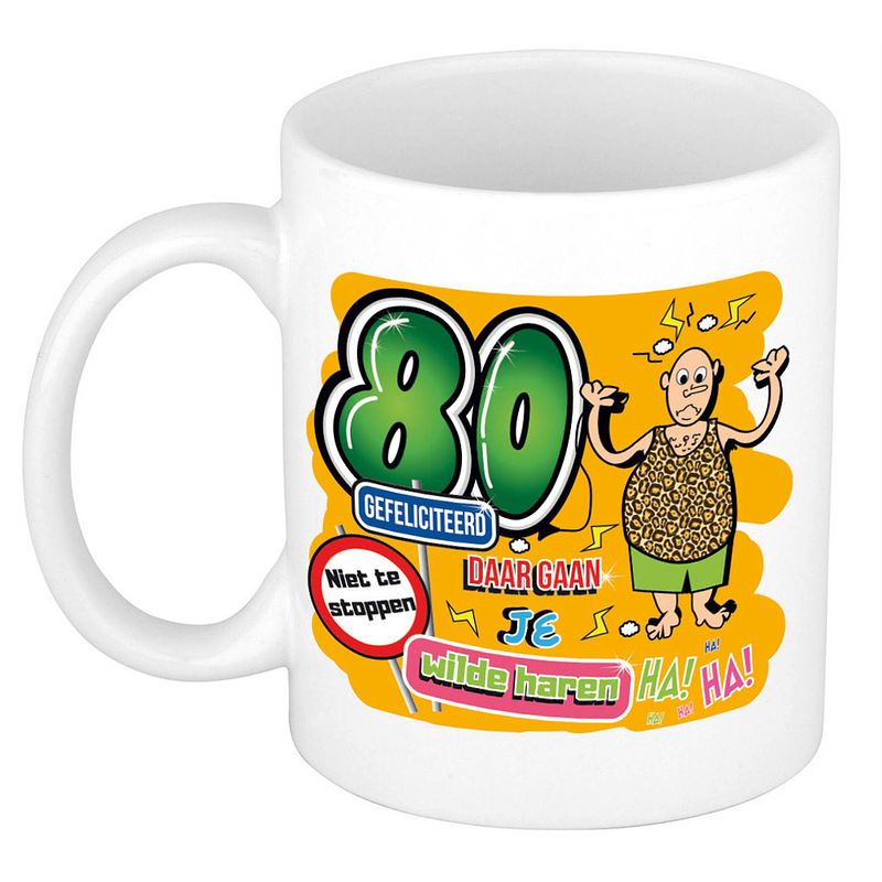 Foto van Cadeau mok 80 jaar - daar gaan je wilde haren - keramiek - 300 ml - feest mokken