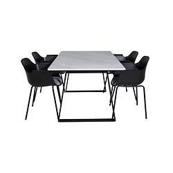 Foto van Estelle eethoek eetkamertafel marmer wit en 4 comfort eetkamerstal zwart.