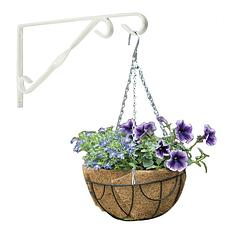 Foto van Hanging basket 25 cm met klassieke muurhaak wit en kokos inlegvel - metaal - complete hangmand set - plantenbakken