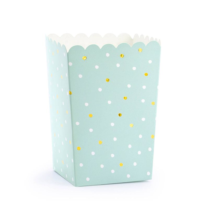 Foto van Partydeco popcorn/snoep bakjes - 6x - blauw/goud stippen - karton - 7 x 7 x 12 cm - wegwerpbakjes