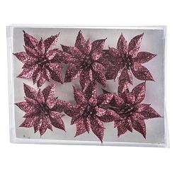 Foto van 6x stuks decoratie bloemen rozen framboos roze glitter op ijzerdraad 8 cm - kersthangers