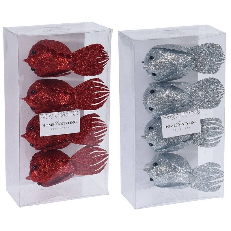 Foto van Set van 8x stuks kerstboomversiering glitter vogels op clip rood en zilver 17 cm - kersthangers