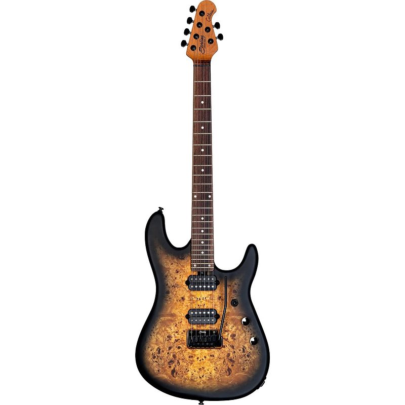 Foto van Sterling by music man jason richardson cutlass 6 natural poplar burl burst elektrische gitaar met deluxe gigbag