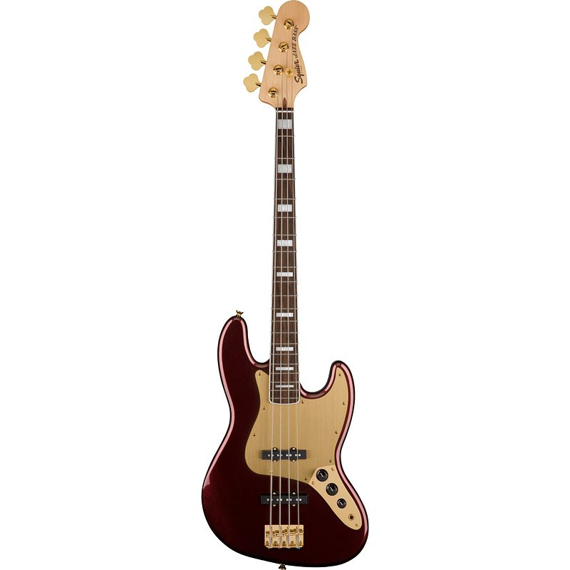 Foto van Squier 40th anniversary jazz bass gold edition il ruby red metallic elektrische basgitaar