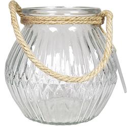 Foto van Glazen ronde windlicht crystal 2,5 liter met touw hengsel/handvat 16 x 14,5 cm - waxinelichtjeshouders