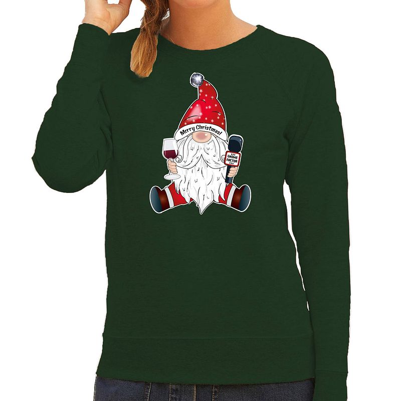 Foto van Bellatio decorations foute kersttrui/sweater voor dames - karaoke gnoom - groen - kerstkabouter l - kerst truien