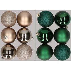 Foto van 12x stuks kunststof kerstballen mix van champagne en donkergroen 8 cm - kerstbal