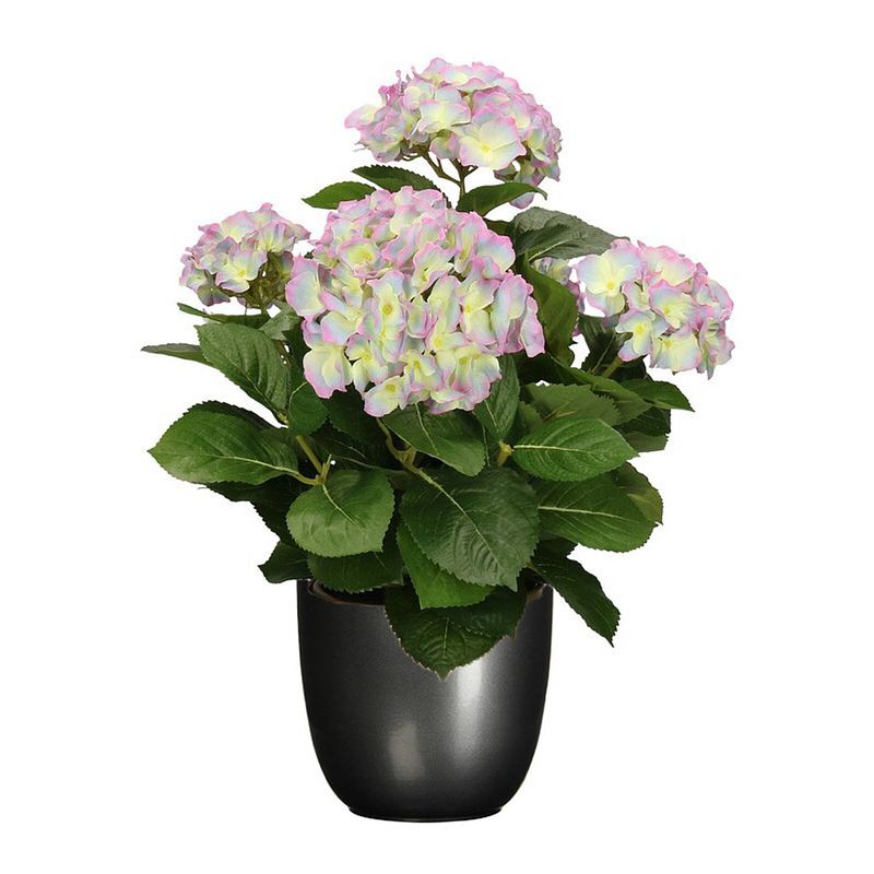 Foto van Hortensia kunstplant/kunstbloemen 45 cm - paars/groen - in pot titanium grijs glans - kunstplanten