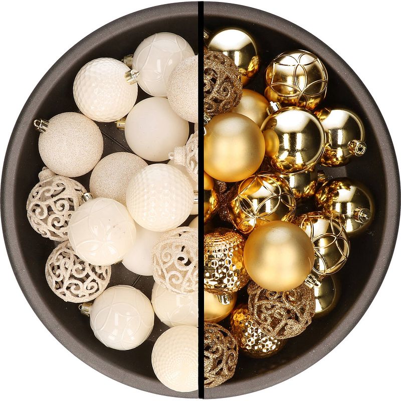 Foto van Kerstballen - 74x stuks - wol wit en goud - 6 cm - kunststof - kerstbal