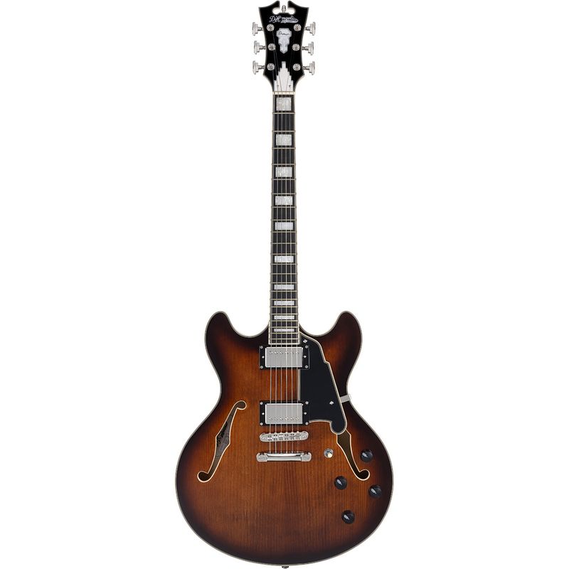 Foto van D'sangelico premier dc brown burst stopbar semi-akoestische gitaar met gigbag