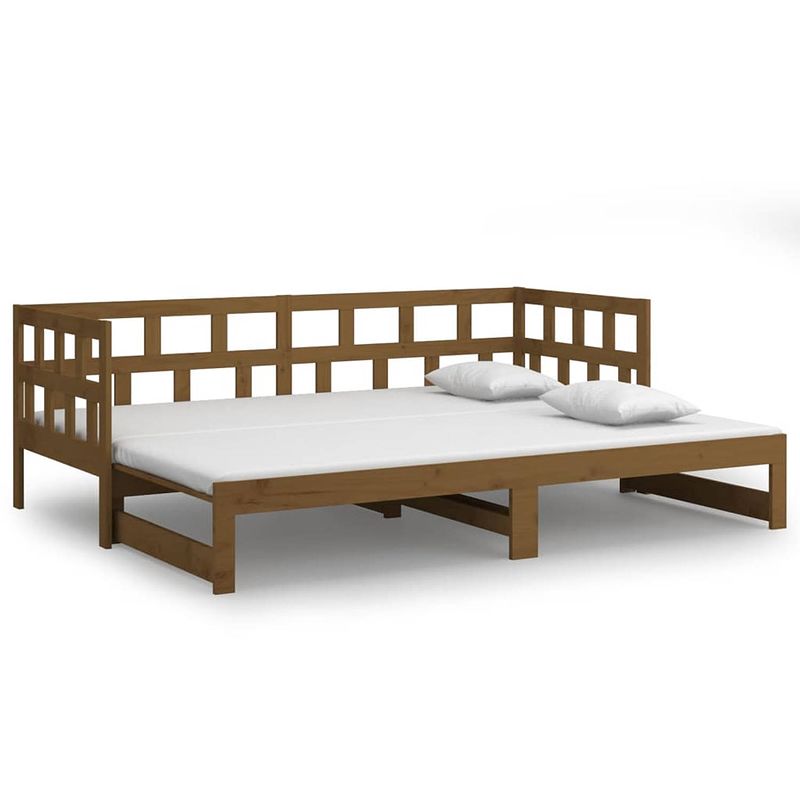 Foto van The living store houten slaapbank - logeerbed - 204x181x69 cm - grenenhout - honingbruin