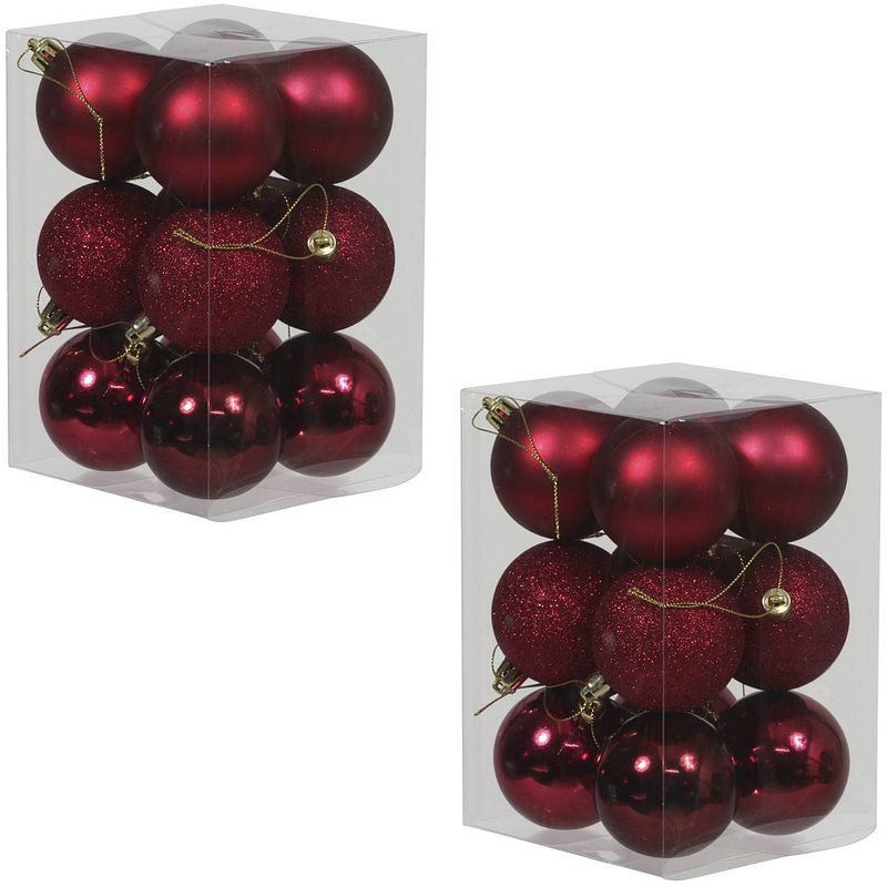 Foto van 24x donkerrode kunststof kerstballen 6 cm glans/mat/glitter - kerstbal