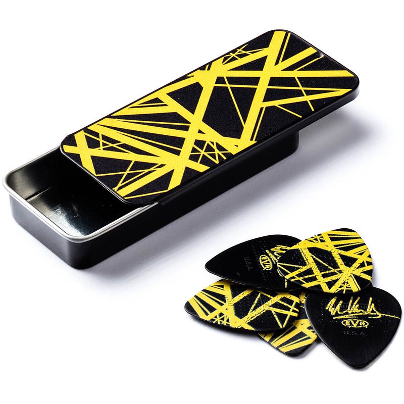 Foto van Dunlop evhpt04 evh pick tin yellow stripes (6 stuks, 0,60 mm)