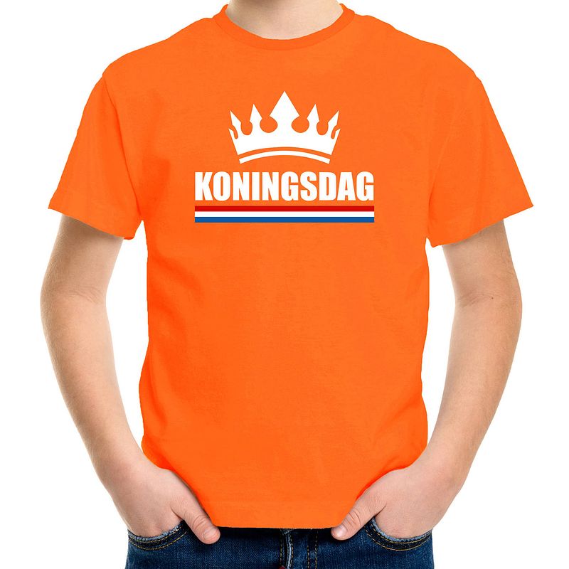 Foto van Oranje koningsdag met een kroon shirt kinderen - oranje koningsdag kleding l (146-152)