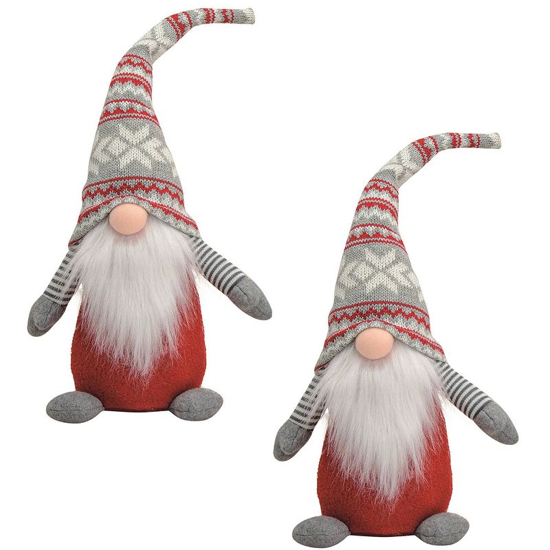 Foto van 2x stuks pluche gnome/dwerg decoratie poppen/knuffels rood/grijs mannetje 45 x 14 cm - kerstman pop