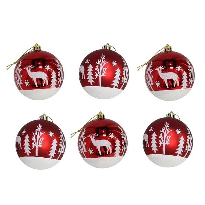 Foto van 6x stuks gedecoreerde kerstballen rood kunststof 6 cm - kerstbal