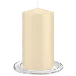 Foto van Trend candles - stompkaarsen met glazen onderzetters set van 2x stuks - creme wit 8 x 15 cm - stompkaarsen
