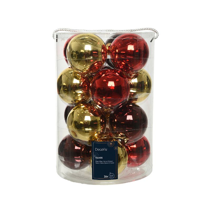 Foto van Decoris - kerstbal glas d8 cm rood/goud ass 16st kerst