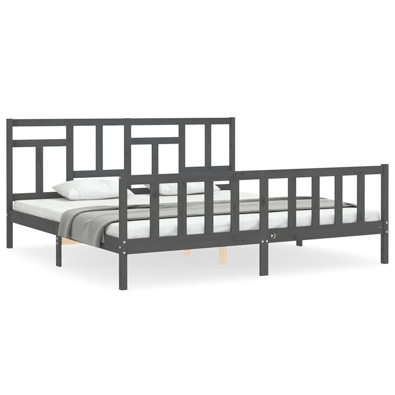 Foto van The living store bedframe massief grenenhout - grijs - 205.5 x 205.5 x 100 cm - multiplex lattenbodem