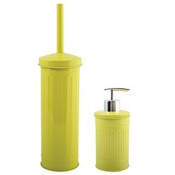 Foto van Msv toiletborstel in houder 38 cm/zeeppompje set industrial - metaal - appel/lime groen - badkameraccessoireset