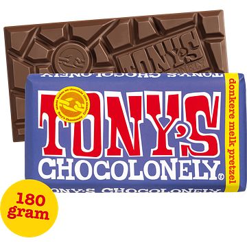 Foto van 2 voor € 4,50 | tony's chocolonely donkere melk 42% pretzel toffee chocolade reep 180g aanbieding bij jumbo