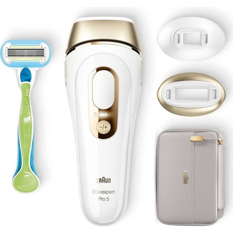 Foto van Silk pulsed light epilator · expert pro 5 pl5154 met 3 accessoires: precisiekop, scheermessen, flexibele pocket - wit