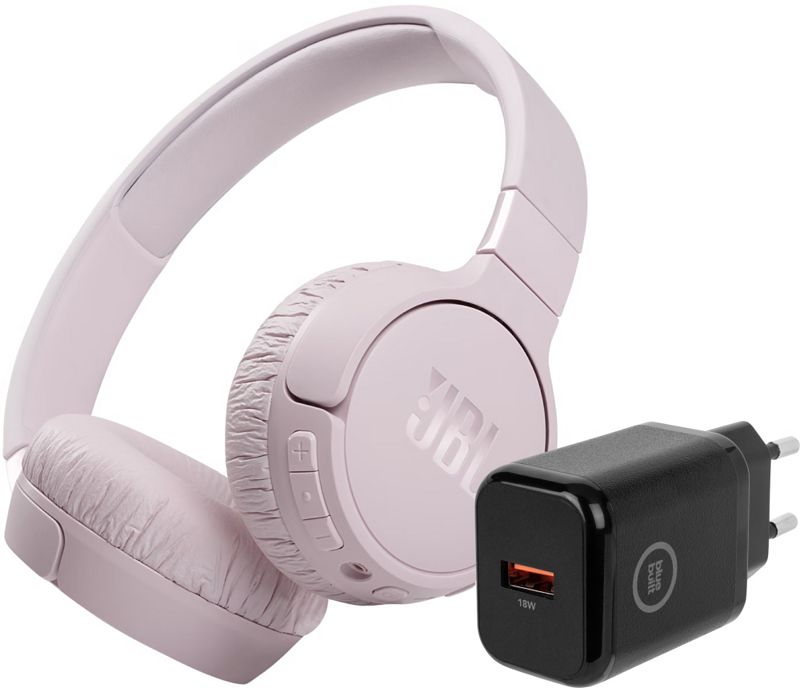 Foto van Jbl tune 660nc roze + bluebuilt quick charge oplader met usb a poort 18w zwart