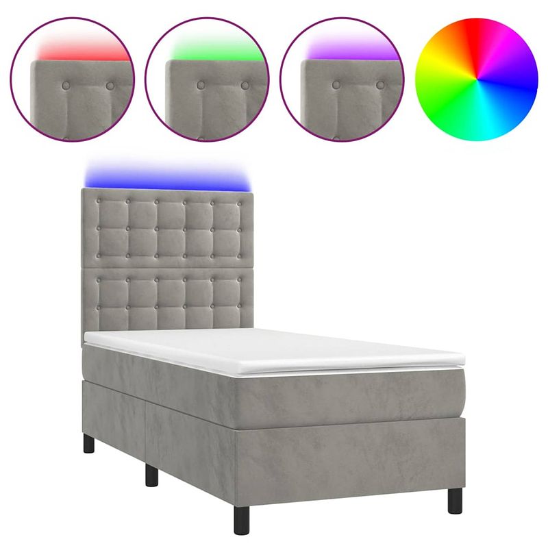 Foto van The living store bed - fluweel - pocketvering - led-verlichting - 100x200 cm - lichtgrijs