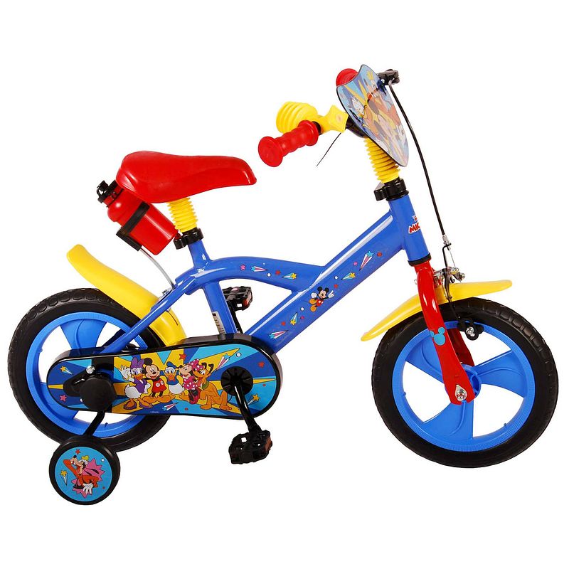 Foto van Disney mickey kinderfiets - 12 inch - rood/blauw - doortrapper - met bidonhouder